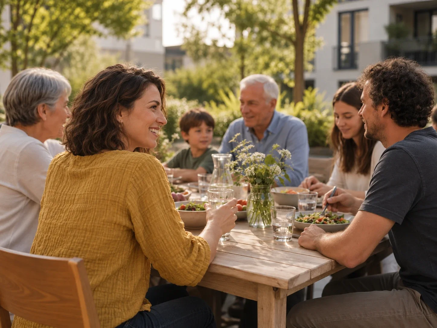 Bewohnerinnen und Bewohner beim gemeinsamen Essen im Hof