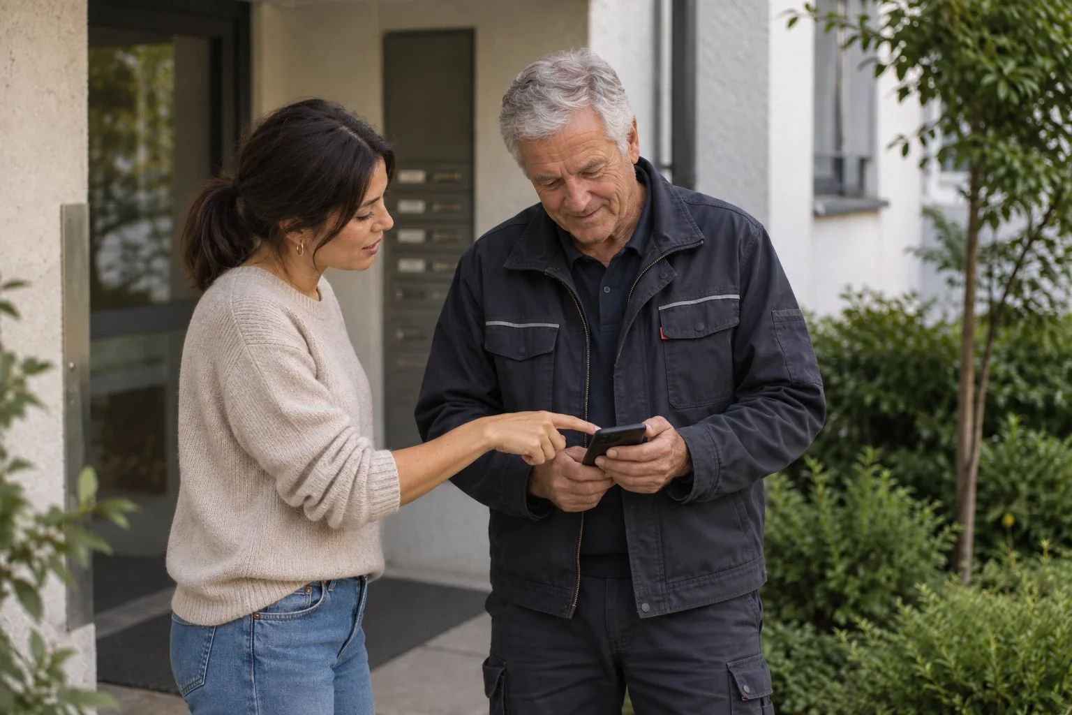 Bewohnerin zeigt dem Hauswart ihre Meldung auf dem Smartphone