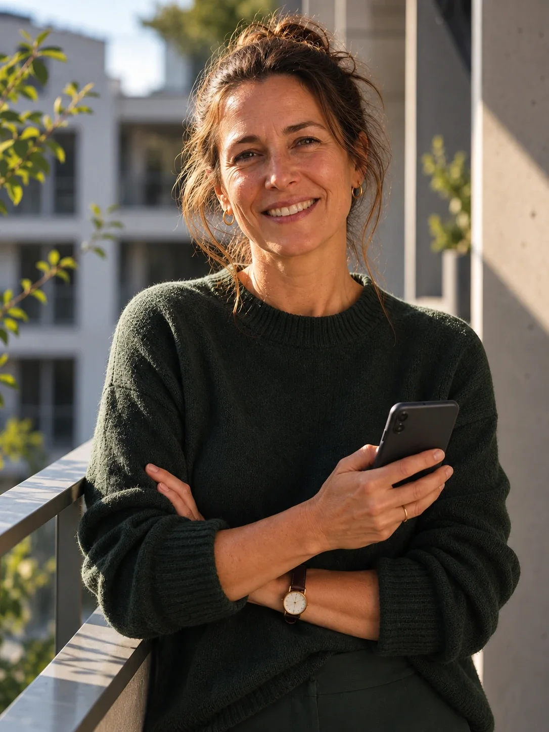 Bewohnerin mit Smartphone auf dem Balkon ihrer Genossenschaftssiedlung